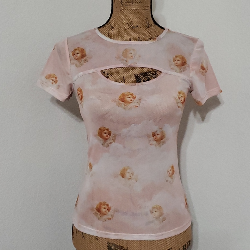 SWEET LILAC Baby cherub graphics semi sheer mesh fee top Med. angels Cloud 9